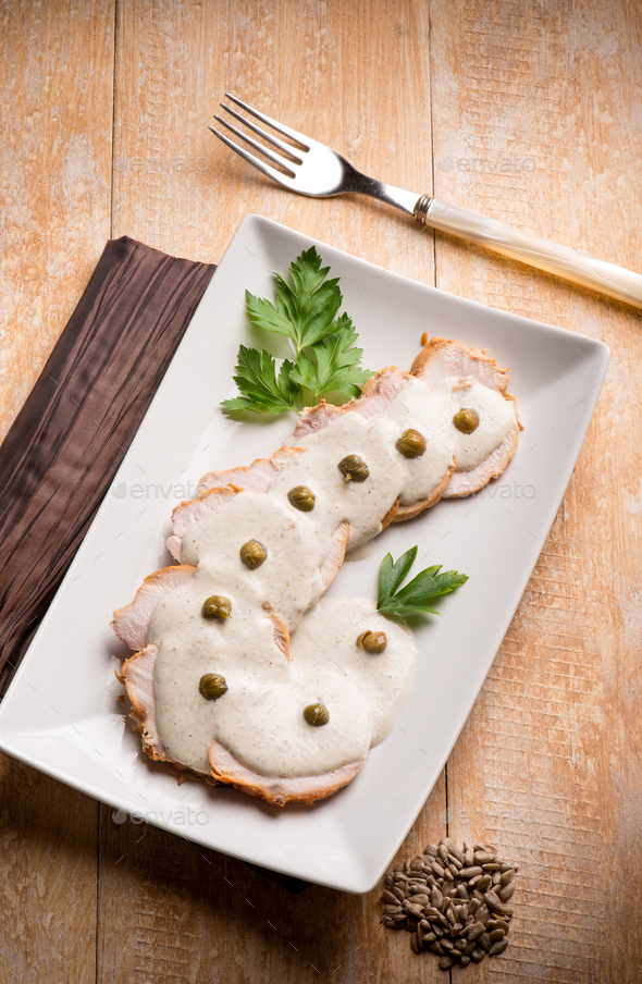 vitello tonnato veal with tuna sauce and capers Stock Photo by